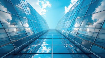 Glass Skyscrapers Reflecting the Serene Blue Sky and White Clouds - A Captivating Low Angle View of Business Office Buildings