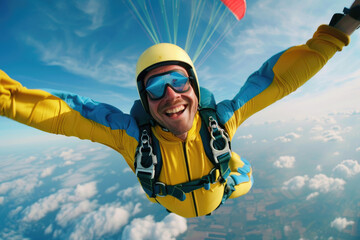 Portrait of a skydiver in a yellow suit with a blue backpack flying at a colorful parachute, holding hands and smiling to the camera while sky diving from a high altitude - Powered by Adobe