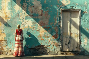 Woman in red and white dress by blue building