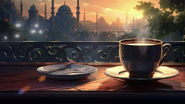 Cup of hot coffee or tea on the table at sunset in the rain. Anime art style. Loop animation	
