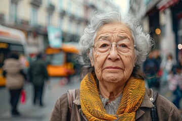 Elderly Woman in Glasses and Scarf on Urban Street