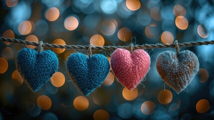 Be My Valentine: Romantic Heart-Shaped Background in Blue and Pink with Gold Bokeh Lights and Hearts on String for Greeting Cards and Celebration.