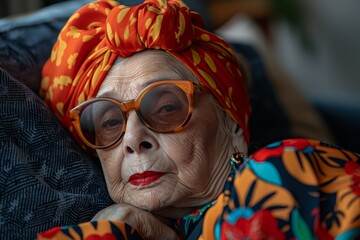 Elderly Woman in Glasses and Head Scarf