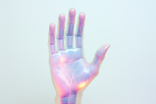 Human hand anatomy, medical illustration of arthritis in wrist joint, black and white x-ray image on blue background