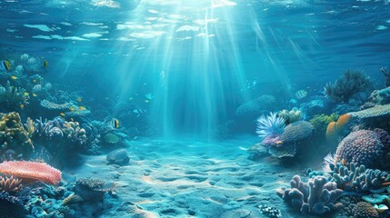 Serene Seabed: Captivating Blue Ocean Background with Sunlight and Undersea Wonders - obrazy, fototapety, plakaty
