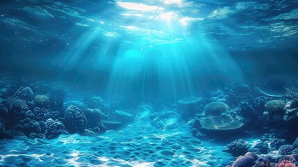 Fototapeta na wymiar Serene Seabed: Captivating Blue Ocean Background with Sunlight and Undersea Wonders