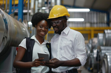 Portrait of an engineer woman and man working together using a tablet computer to check data in an industrial factory with machinery in the background