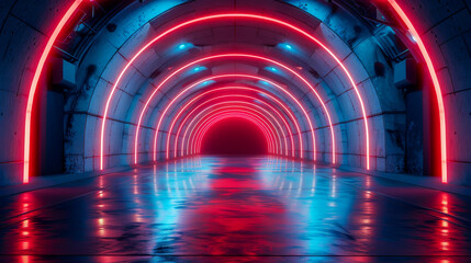 Futuristic Stage with Blue Tunnel Illuminated in Red