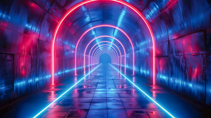 Dynamic blue neon tunnel in dark room With red accents that highlight the modern design.