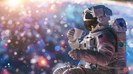 An astronaut, floating weightlessly, enjoys a quiet coffee moment in space, surrounded by the...