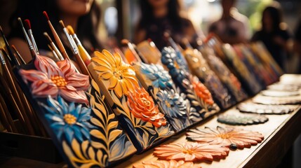 Row of Colorful Painted Umbrellas on Table