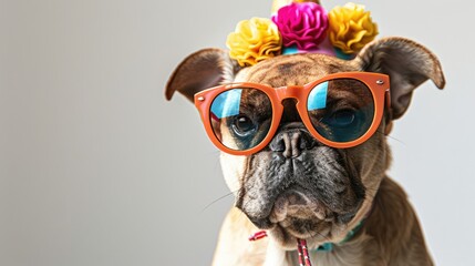 funny party dog wearing colorful summer hat and stylish sunglasses white background ai generated...