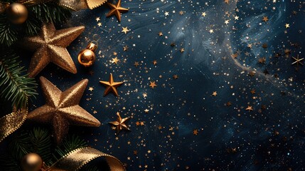 christmas and new year festive background golden stars and gilded ribbons on navy blue background with copy space for text the concept of christmas and new year holidays 
