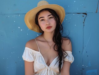 Woman in Straw Hat Leaning on Blue Wall