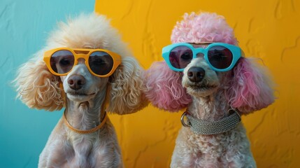 Poodle Party: Adorable Canines in Vibrant Sunglasses and Vintage Accessories - Studio Shot AI Generative Image