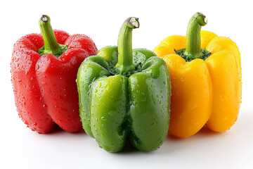 red, yellow, and green bell peppers with water droplets on a white background