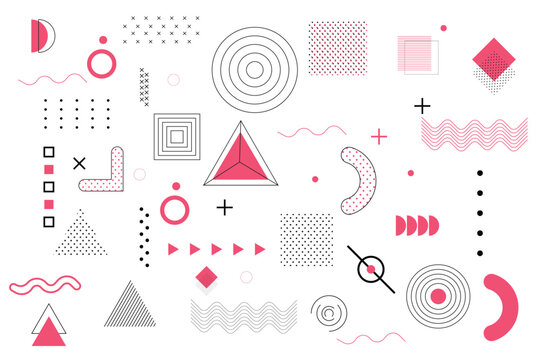 Set of geometric shapes. Memphis design retro elements. Collection trendy halftone geometric shapes. Retro funky graphic, 90s trends designs
