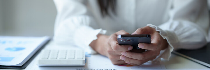 Accountant, Asian independent business woman Positive concept using smartphone to relax with mobile...