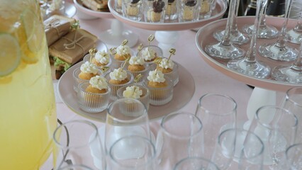 Preparation for the holiday, table setting by the waiter. Snacks on the table, catering concept. Catering, catering business. Beautiful table setting in the restaurant, buffet.