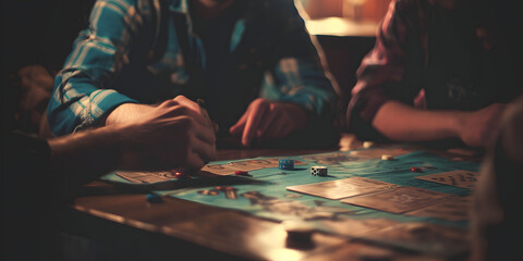 Pessoas jogando jogos de tabuleiro em uma mesa aconchegante - obrazy, fototapety, plakaty