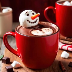 Red mug with smiling marshmallow snowan, Christmas festive theme