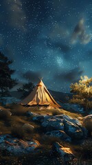 Camping tent on the hill at night with stars
