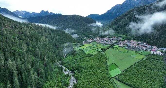 Beautiful forest mountain village landscape in Sichuan, China