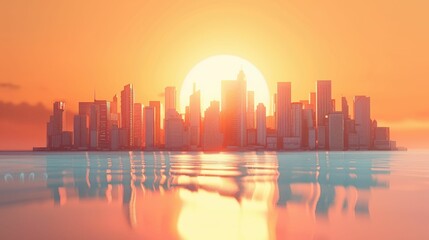 Fototapeta na wymiar 3D digital landscape, minimalist city skyline at sunrise