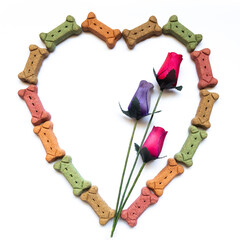 Dog biscuits in the shape of a heart with roses isolated on a white background. 
