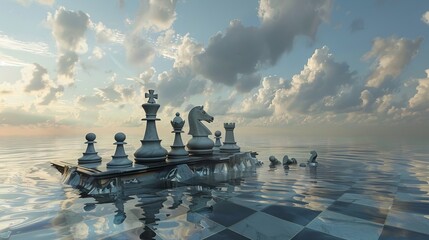 Surreal landscape of a broken chessboard floating over an endless sea, with pieces slowly sinking, representing strategic loss and contemplation