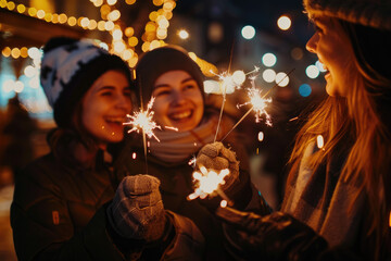 photo of young friends having fun with sparklers at a Christmas market, happy people celebrating...