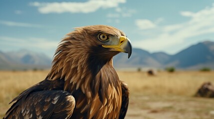 Beautiful golden eagle in close-up taken in a rural location near the West Mongolian Altai Mountains.