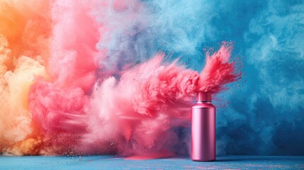 Colorful Burst: Pink Aerosol Can Releases Vibrant Cloud of Pigment Powders - Stock Photo