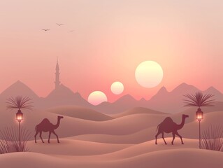 Camel and three lantern islamic at desert eid mubarak 