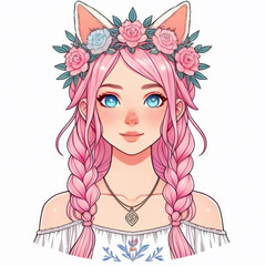 Beautiful girl with pink hair and floral wreath. Vector illustration.