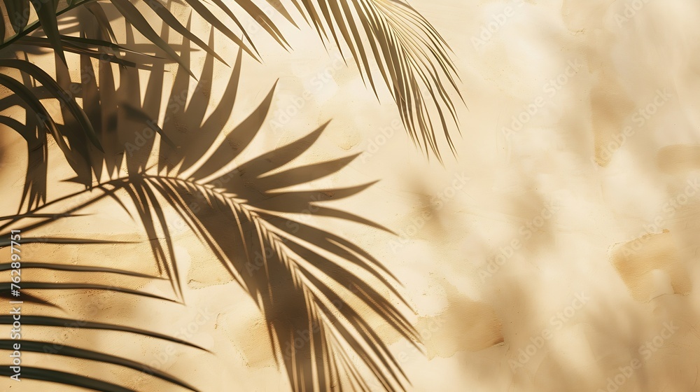 Aufkleber abstract background of shadows palm leaves on a sand color wall summer beach concept with palm tree 