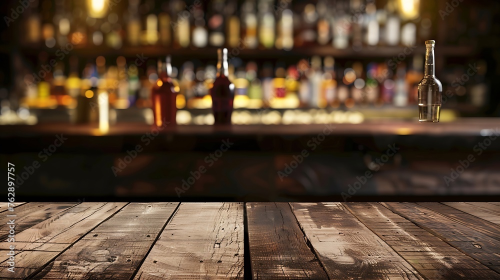 Poster wooden board on a background of bottles with alcohol old bar counter as layout for design workpiece 