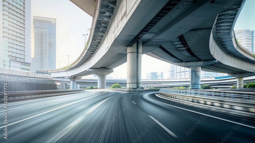 Poster highway overpass motion blur with city background : generative ai