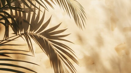 Abstract background of shadows palm leaves on a sand color wall Summer beach concept with palm tree leaf : Generative AI