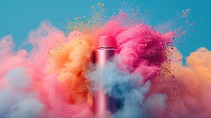 Colorful Burst: Pink Aerosol Can Releases Vibrant Cloud of Pigment Powders - Stock Photo