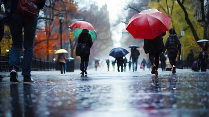 People walking in rain in Central Park New York City New York USA : Generative AI