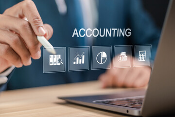 Finance accounting concept. Taxation, budget management, bookkeeping, profit and strategy. Businessman using laptop with accounting icon on virtual screen.