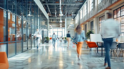 Group of office employees in motion go around at coworking space People in business center walking  at hall Motion blur Wide image : Generative AI