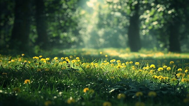 Beautiful wide format image of a pristine forest lawn with fresh grass and yellow dandelions against a defocused background : Generative AI