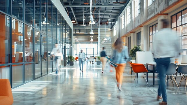 Group of office employees in motion go around at coworking space People in business center walking  at hall Motion blur Wide image : Generative AI