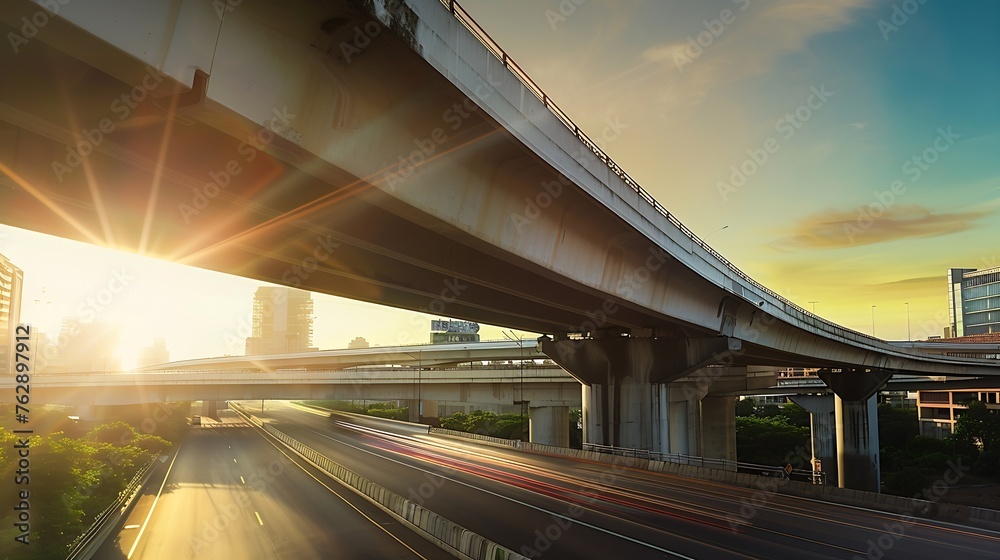 Poster highway overpass motion blur with city background : generative ai