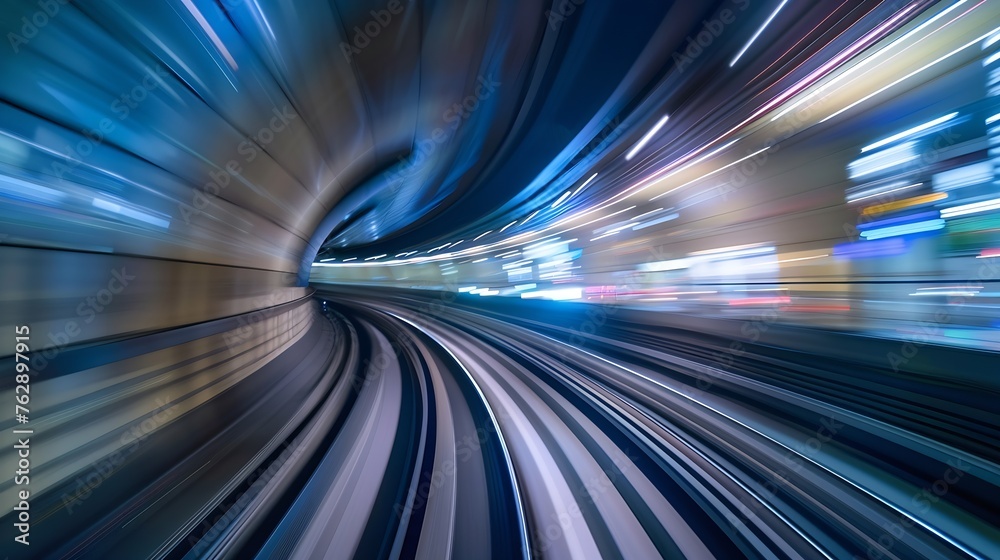 Poster subway tunnel with motion blur of a city from inside monorail in tokyo : generative ai