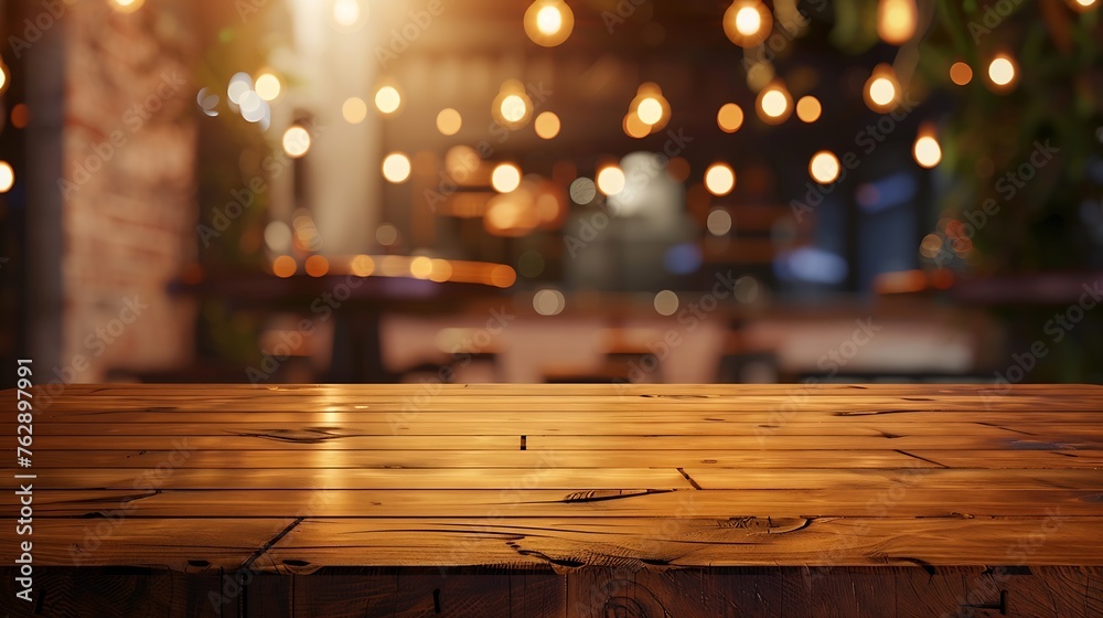 Aufkleber Empty brown wooden table and blur background of resturant lights can be used for montage or display your products with copy space business concept : Generative AI