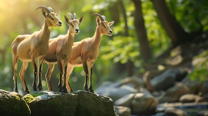 Wild goats with horn standing on stones on blurred background of green forest in countryside :...