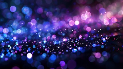 Blur neon light Lens flare overlay Bokeh fluorescent flash gleam Defocused blue purple color flecks on dark black abstract background : Generative AI